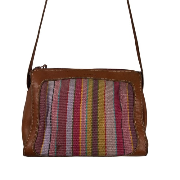MALINCHE Crossbody Purse Tan Leather with Colorful Pastel Cloth Panel - Picture 9 of 13